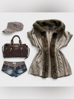 Coquette Cottagecore Y2K Faux Fur Trim Knit Cream & Brown Cardigan Size Medium